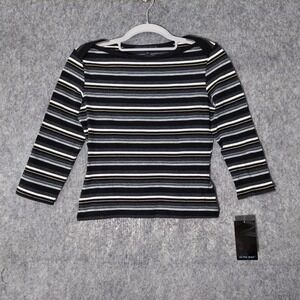Y2K To The Max Shirt M Black Bella Swan Cropped Striped Boat Neck Retro USA Made
